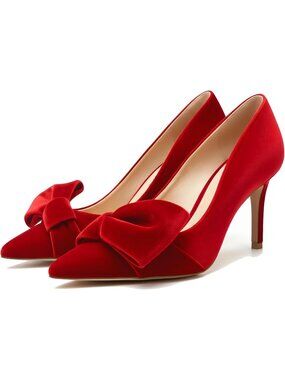 Women's Velvet Red Bow Heel Closed Pointed Toe Pumps Slip on Wedding Dress Shoes